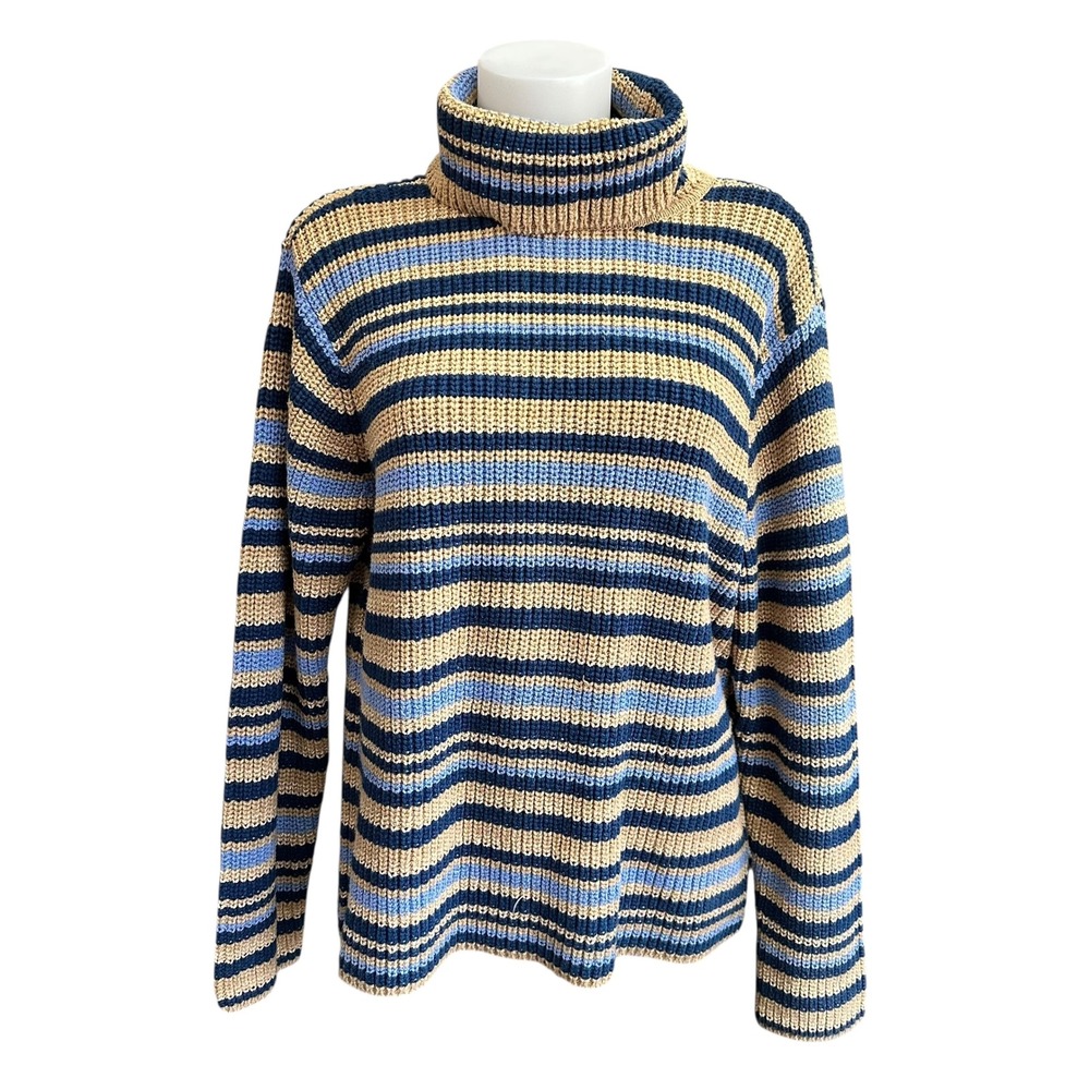 Liz Claiborne Vintage Thick Knit Striped Blue Brown Mock‎ Neck Sweater Y2K Sz XL
